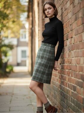 60s HANDMADE WOOL GREEN PLAID LINED A-LINE SKIRT PREPPY HERITAGE TARTAN SZ S